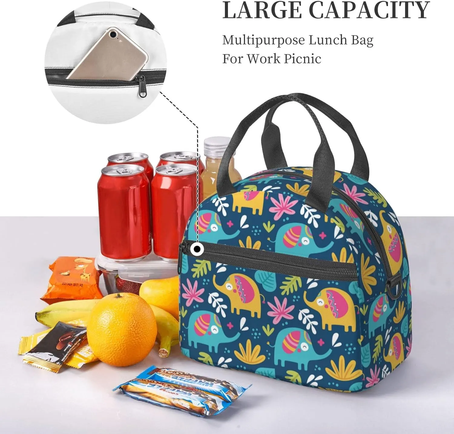 Cute Elephants and Leaves Lunch Bag with Adjustable Shoulder Strap for Women Men Reusable Lunch Box Leakproof Tote Bags Insulated Cooler for Work Travel Outdoor(9 x 5 x 7.8 Inches)