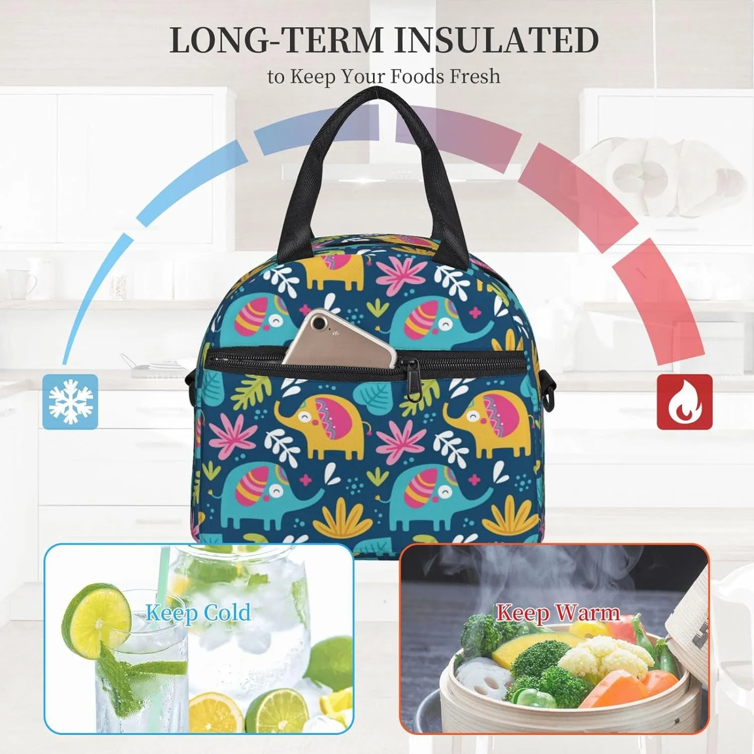 Cute Elephants and Leaves Lunch Bag with Adjustable Shoulder Strap for Women Men Reusable Lunch Box Leakproof Tote Bags Insulated Cooler for Work Travel Outdoor(9 x 5 x 7.8 Inches)