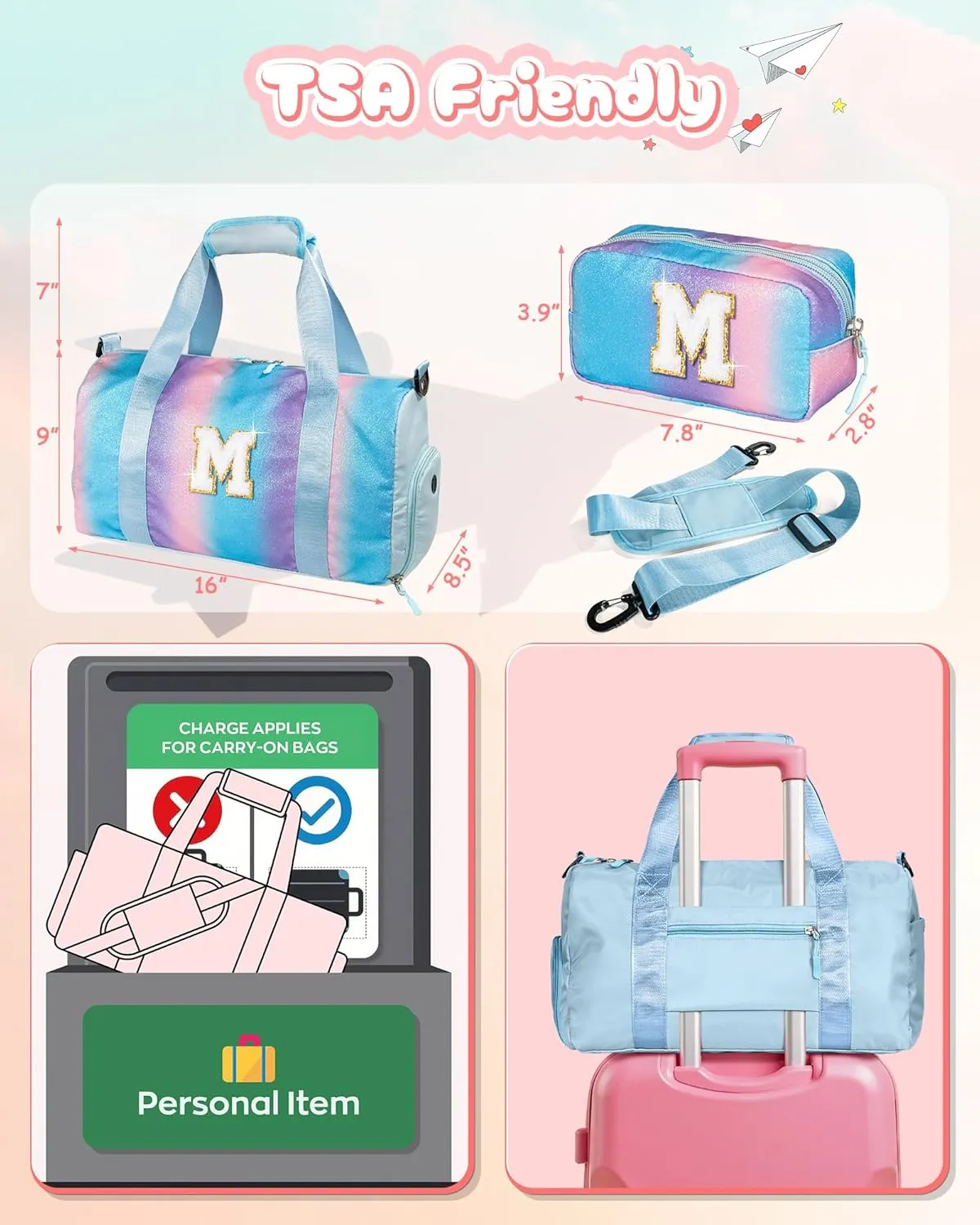 Cute Preppy Gifts for Girls-Girl Gym Bag with Shoe Compartment, Kid Personalized Weekender Overnight Bags, Initial Travel Tote with Makeup Pouch, Chenille Gift for Teen (Letter D)