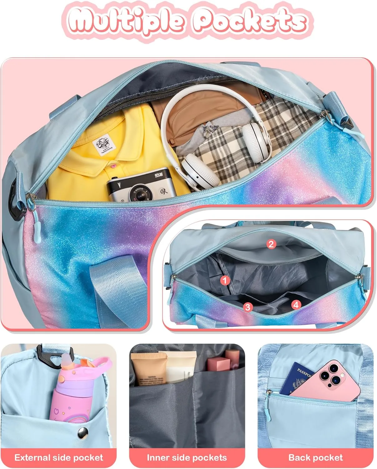 Cute Preppy Gifts for Girls-Girl Gym Bag with Shoe Compartment, Kid Personalized Weekender Overnight Bags, Initial Travel Tote with Makeup Pouch, Chenille Gift for Teen (Letter D)