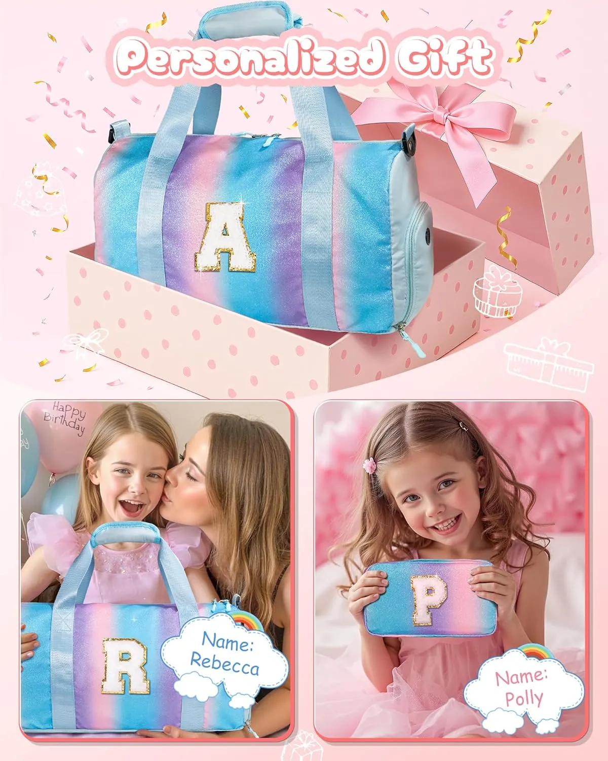 Cute Preppy Gifts for Girls-Girl Gym Bag with Shoe Compartment, Kid Personalized Weekender Overnight Bags, Initial Travel Tote with Makeup Pouch, Chenille Gift for Teen (Letter D)