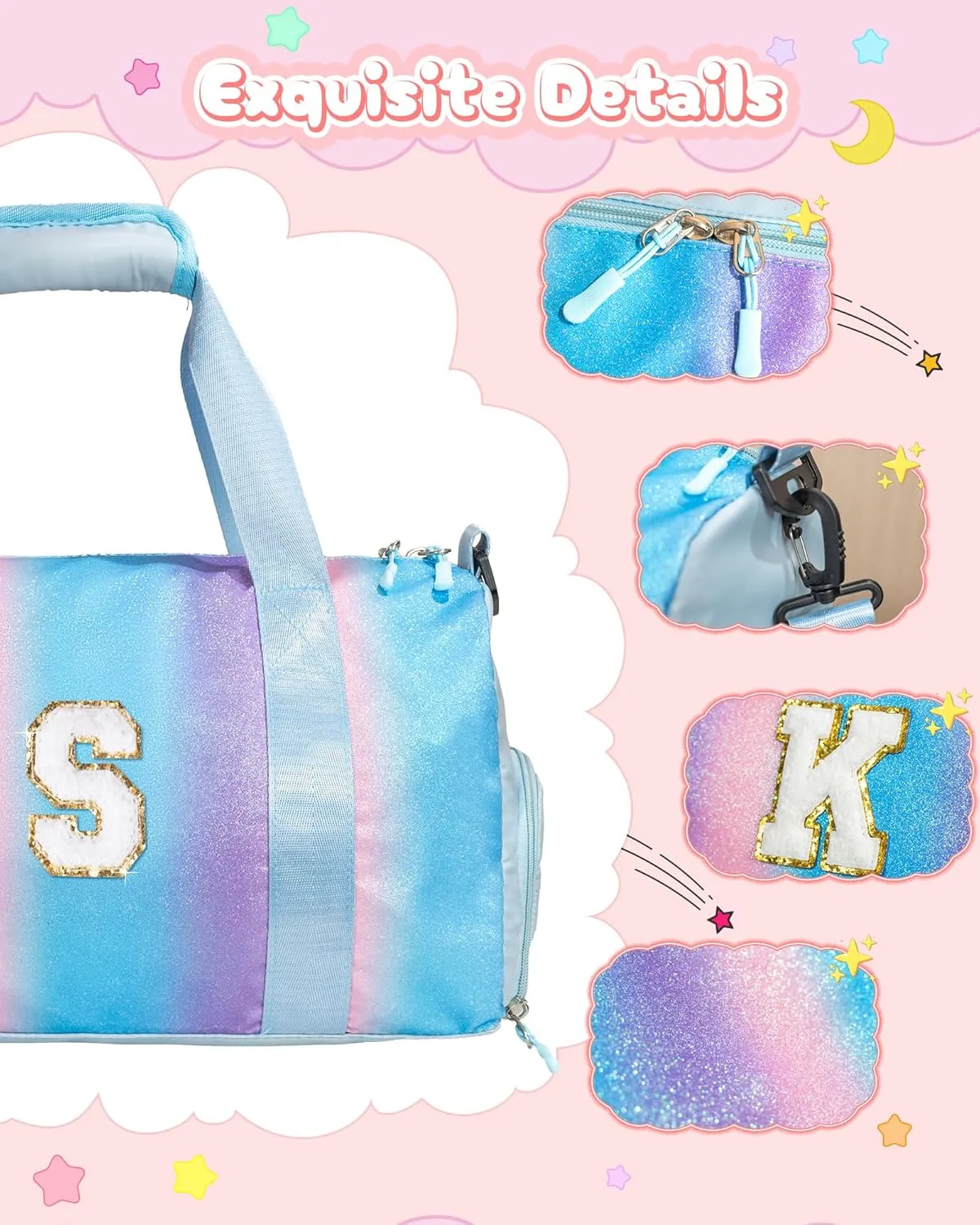 Cute Preppy Gifts for Girls-Girl Gym Bag with Shoe Compartment, Kid Personalized Weekender Overnight Bags, Initial Travel Tote with Makeup Pouch, Chenille Gift for Teen (Letter D)