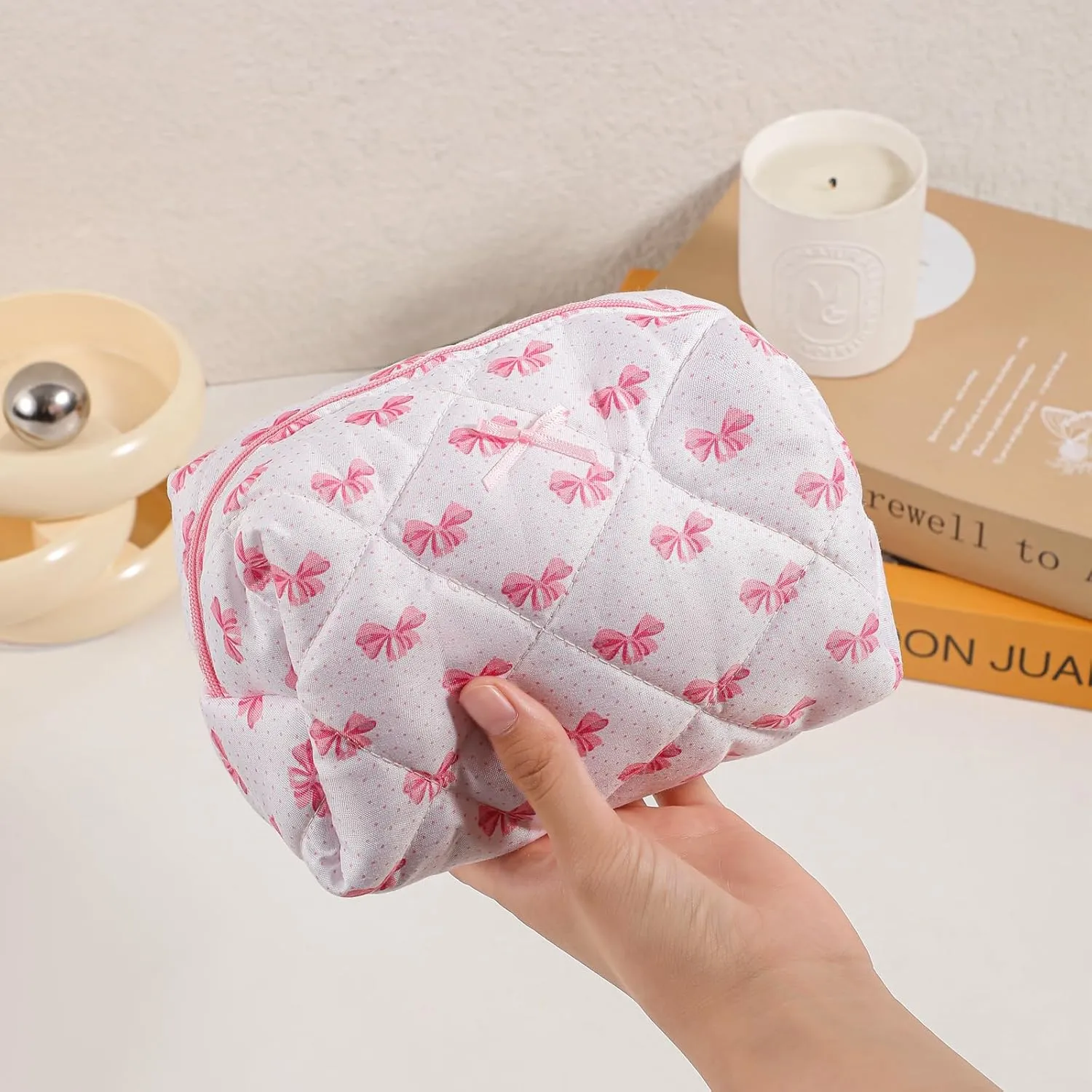 Cute Small Floral Cotton Makeup Bag, Quilted Zipper Pouch with Coquette Bear for Women and Girls, Kawaii Travel Cosmetic Bags for Purse(12White-pink bow)