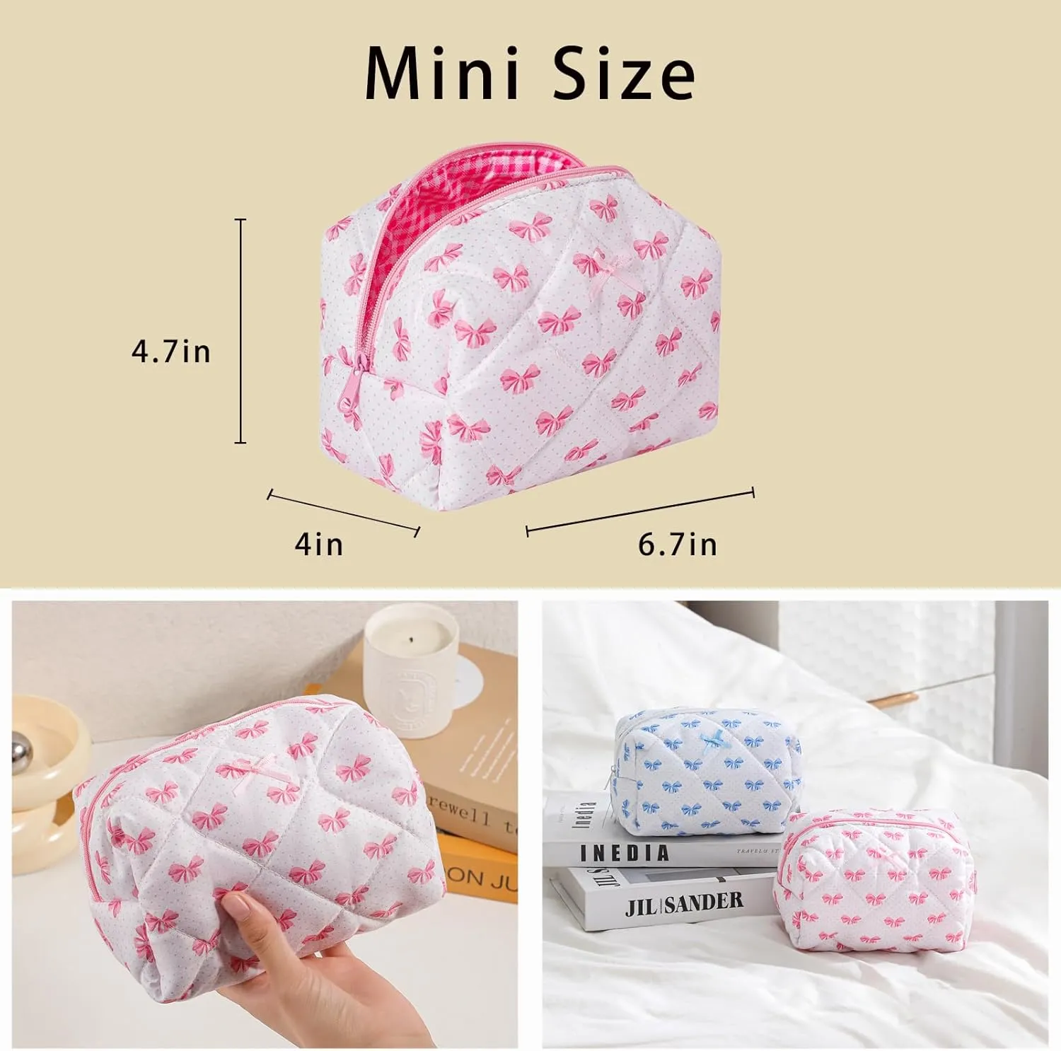 Cute Small Floral Cotton Makeup Bag, Quilted Zipper Pouch with Coquette Bear for Women and Girls, Kawaii Travel Cosmetic Bags for Purse(12White-pink bow)