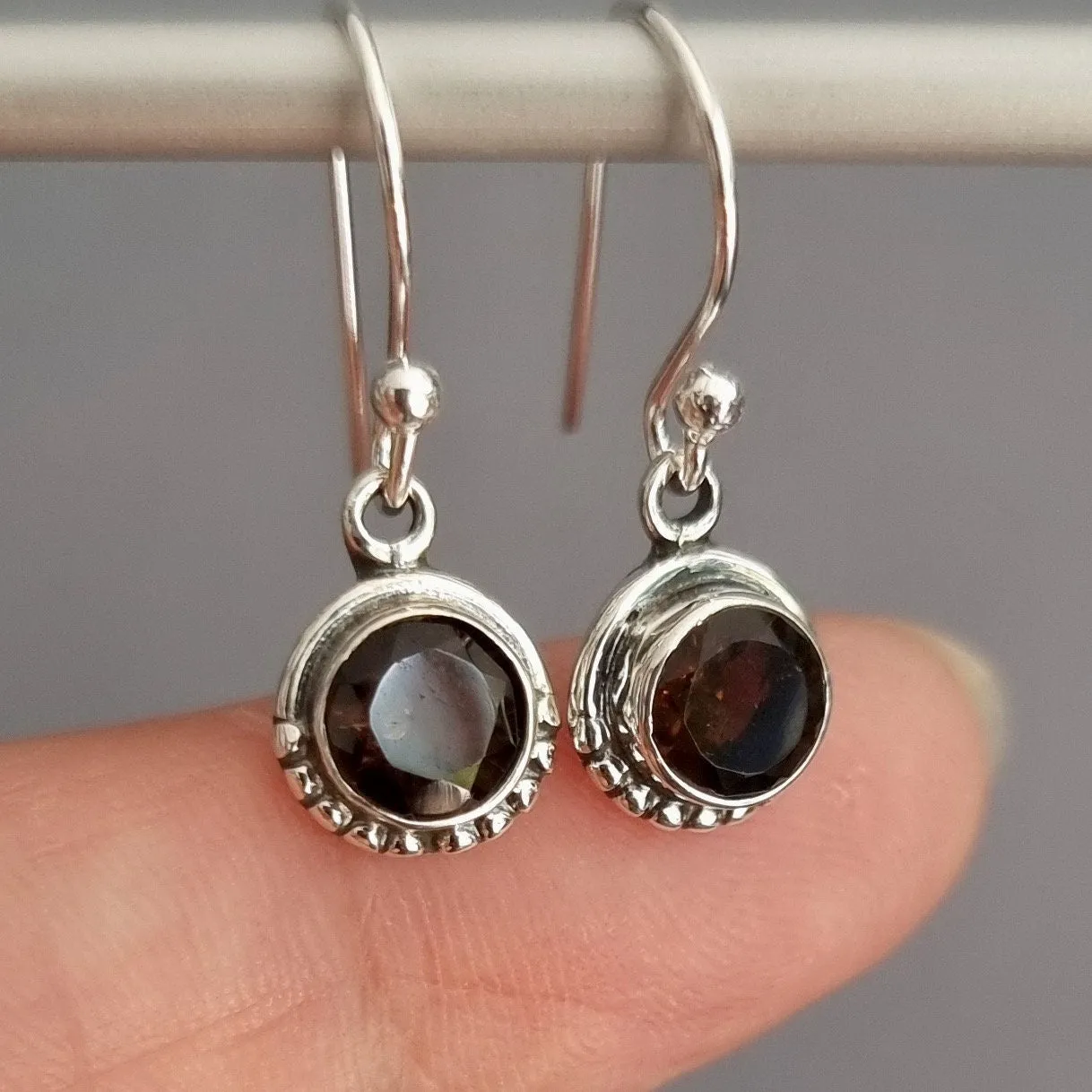 Dainty Boho Round 6mm Smoky Quartz Sterling Silver Earrings, E86SQ