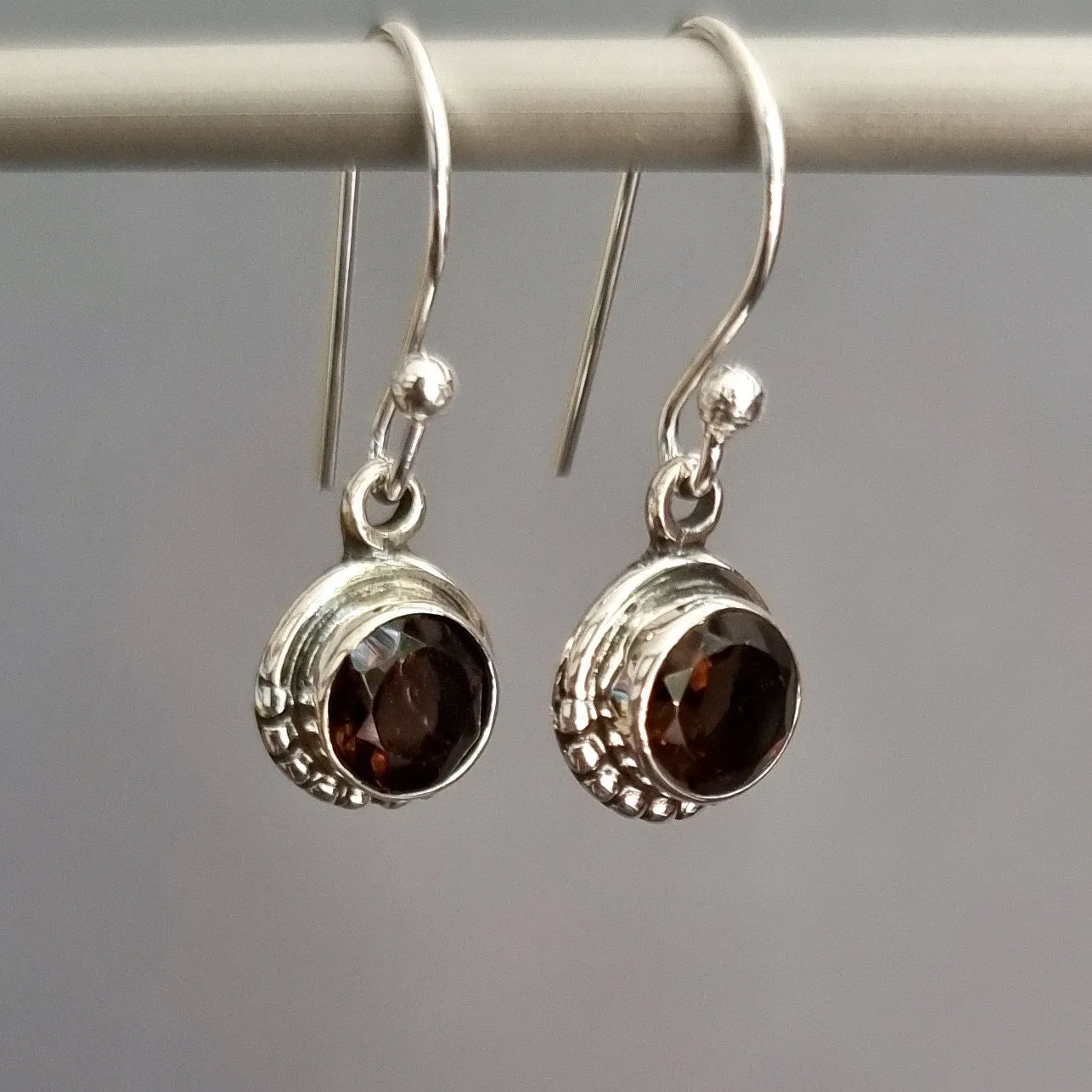 Dainty Boho Round 6mm Smoky Quartz Sterling Silver Earrings, E86SQ