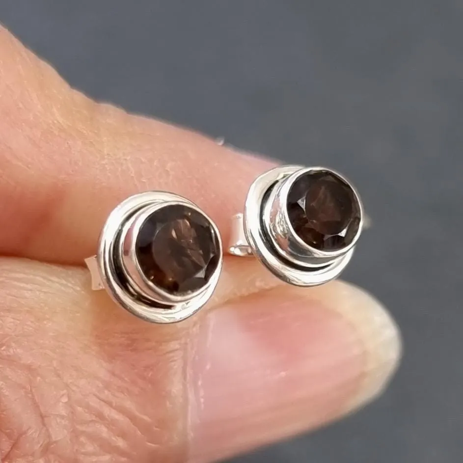 Dainty Round Smoky Quartz Studs Earrings, 925 Sterling Silver, S16SQ