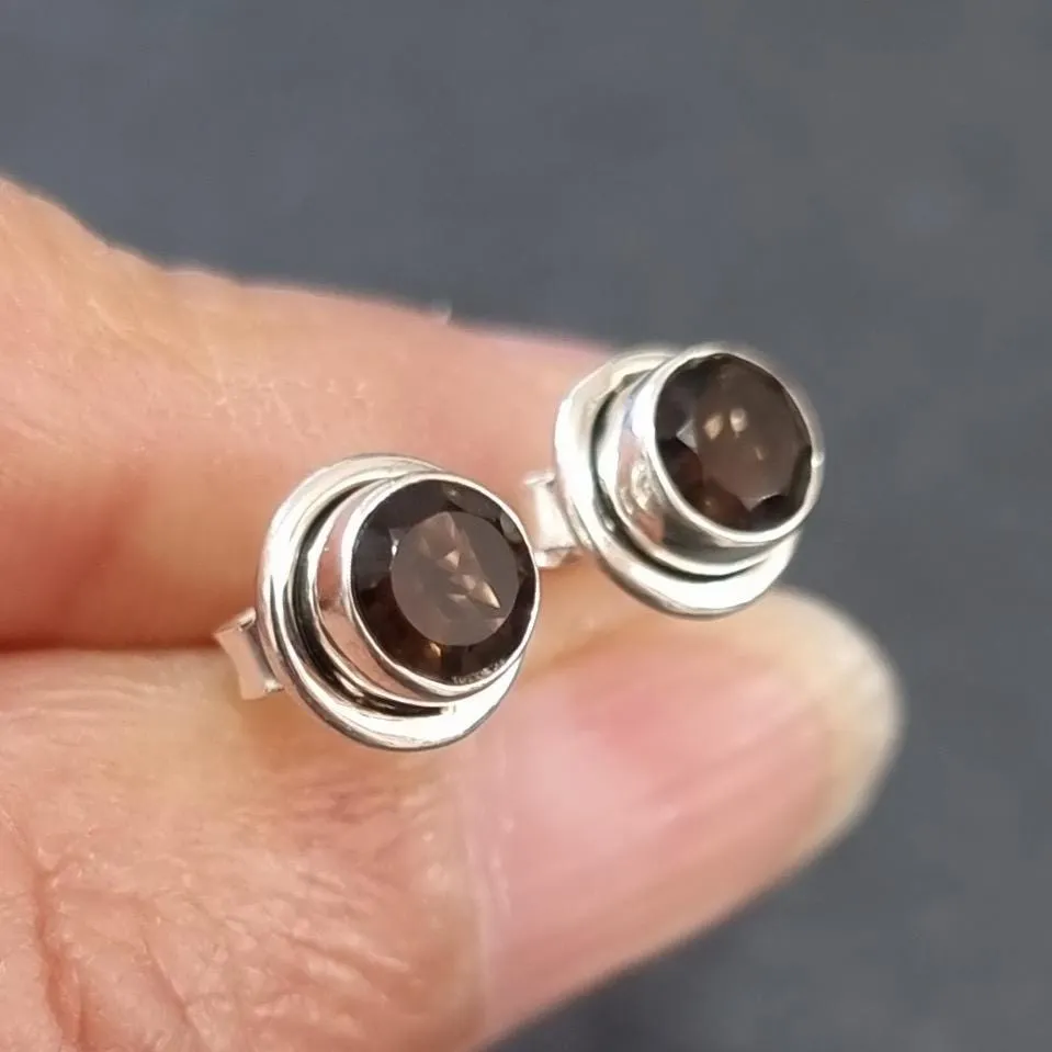 Dainty Round Smoky Quartz Studs Earrings, 925 Sterling Silver, S16SQ