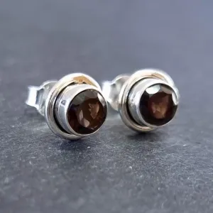 Dainty Round Smoky Quartz Studs Earrings, 925 Sterling Silver, S16SQ