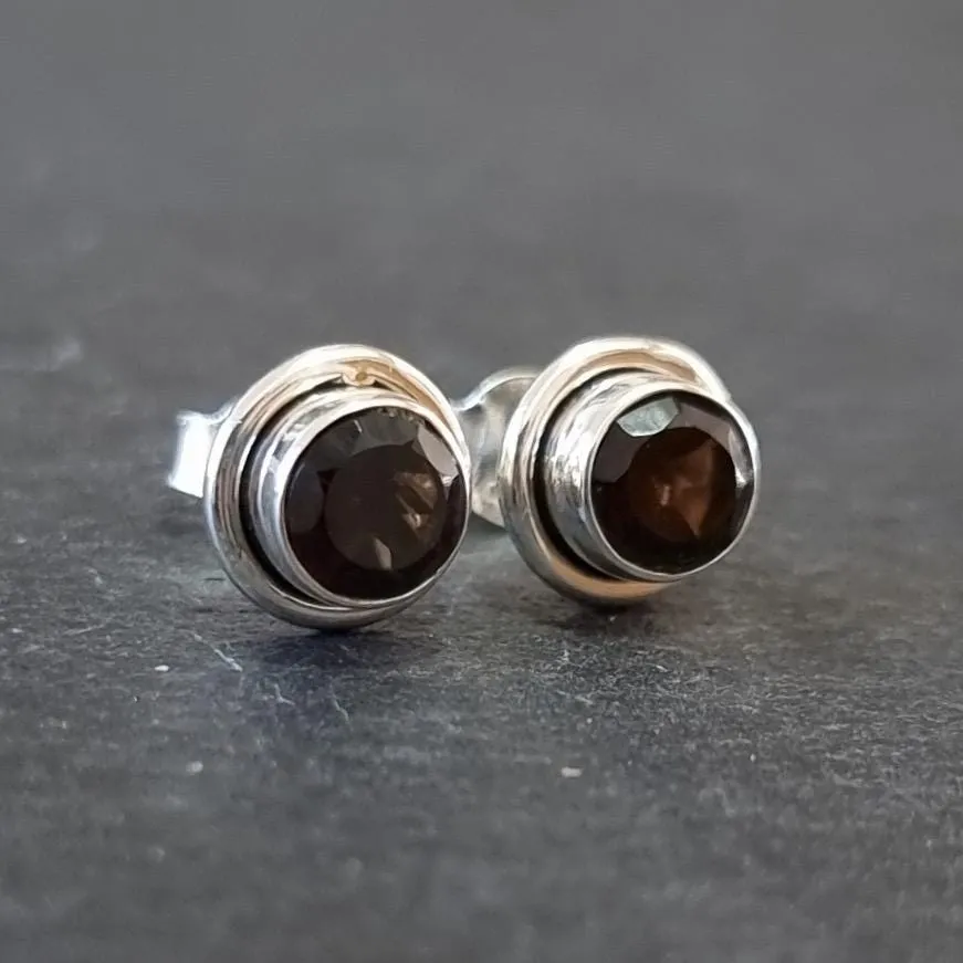 Dainty Round Smoky Quartz Studs Earrings, 925 Sterling Silver, S16SQ