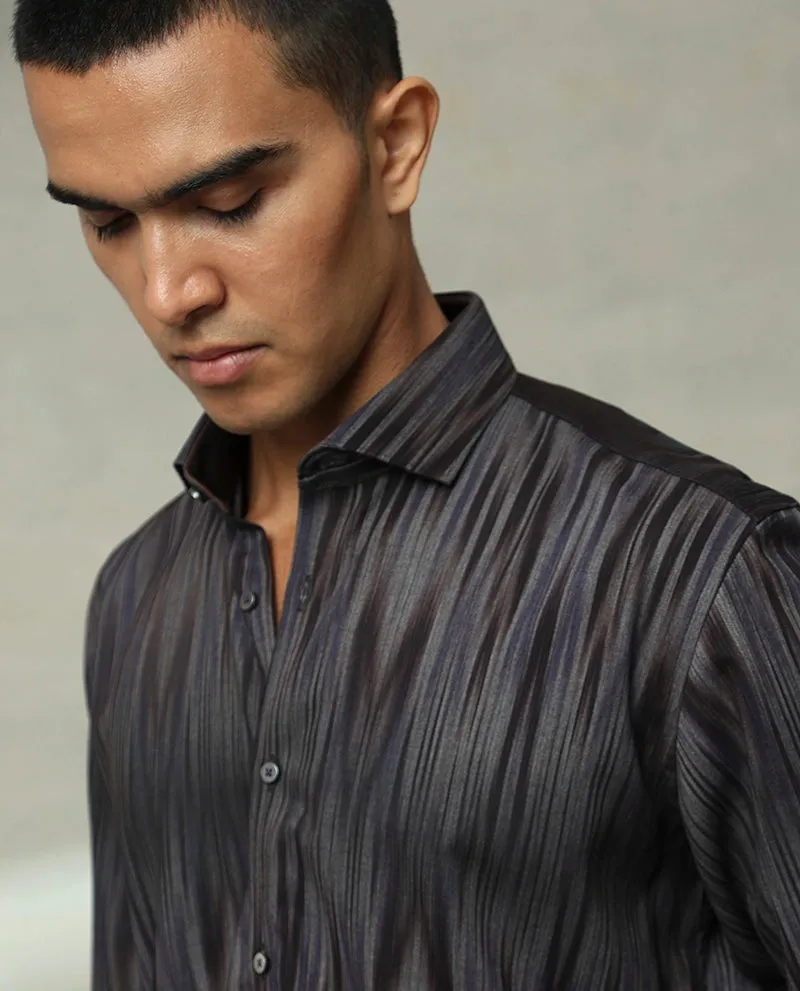 Dark Grey Printed Cotton Men's Slim Fit Shirt