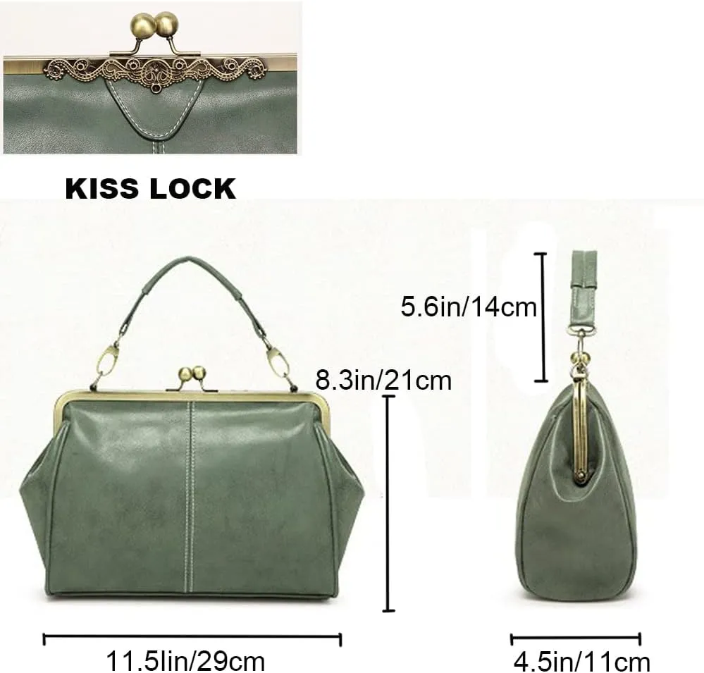 Dayfine Women Handbags Frosted Leather Purse Retro Kiss Lock Satchel Handbag Hobo Bag Shoulder Bag Medium Tote Bags Wallets