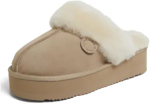 Dearfoams Women's Fireside Melton Genuine Shearling Shearling Platform Slippers Scuff