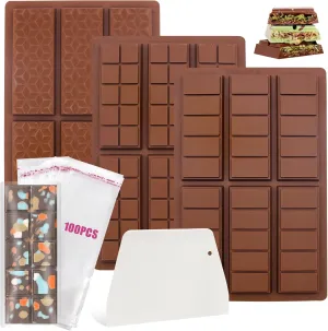 Deep Chocolate Bar Mold, Large Chocolate Molds Silicone Molds for Chocolate, Candy Bar Molds, 3pcs Dubai Chocolate Bar Mold Kit with 100pcs Clear Cellophane Bags & Chocolate Scraper