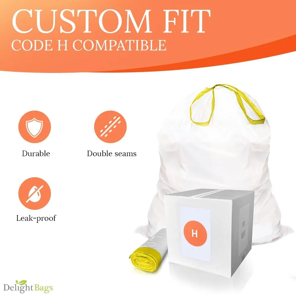 Delight Bags (Code H) 200 Count, Compatible with Simplehuman Code H, White, Drawstring Trash Bags, 8-9 Gallon, 30-35 Liter, 18.5’’ x 28’’, 1.2 Mil thick