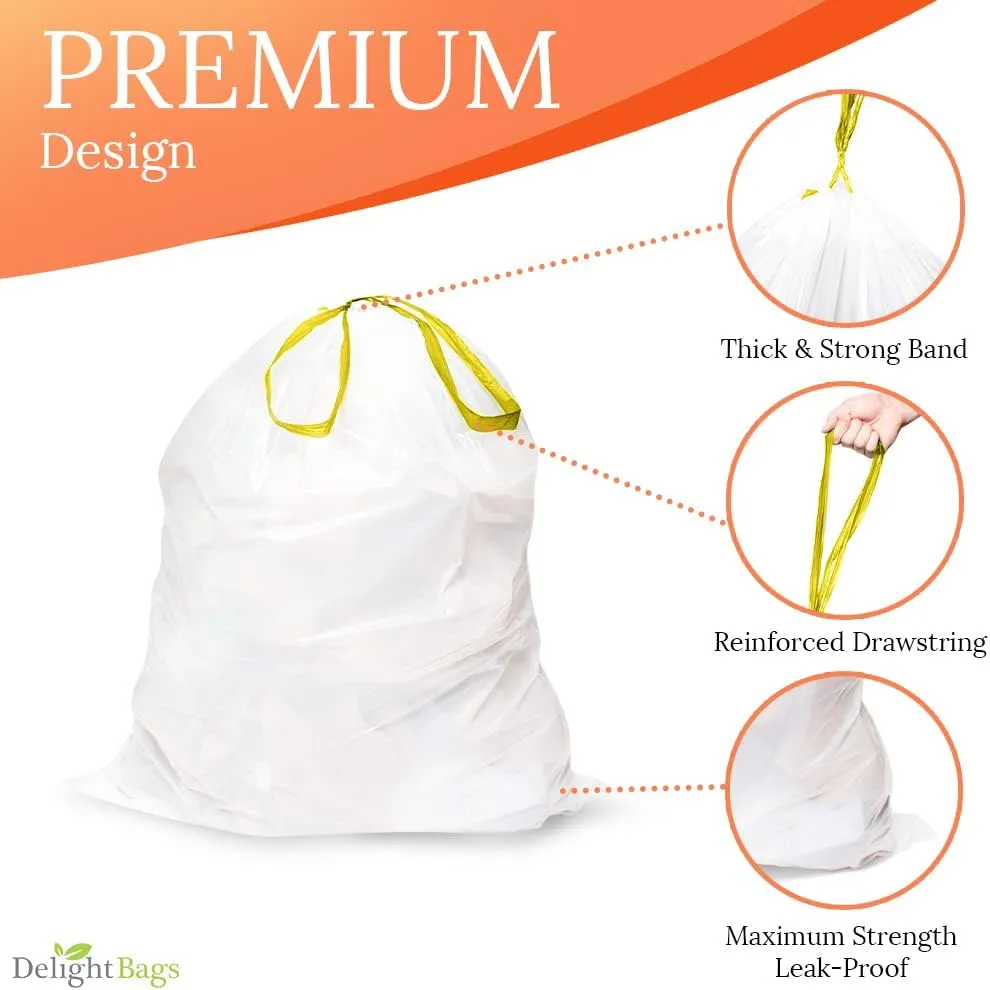 Delight Bags (Code H) 200 Count, Compatible with Simplehuman Code H, White, Drawstring Trash Bags, 8-9 Gallon, 30-35 Liter, 18.5’’ x 28’’, 1.2 Mil thick
