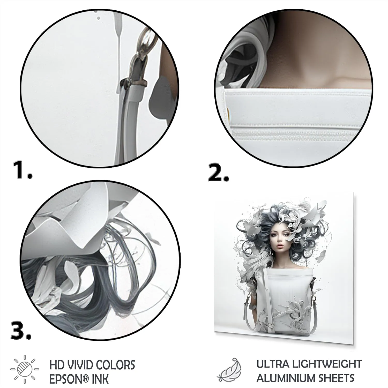 DesignQ Fusion of Woman and Handbag in Blue and White II Fashion Bag Metal Wall Art, White Metal Wall Decor, Glam Metal Art Decor For Bedroom - 29x29 Inch