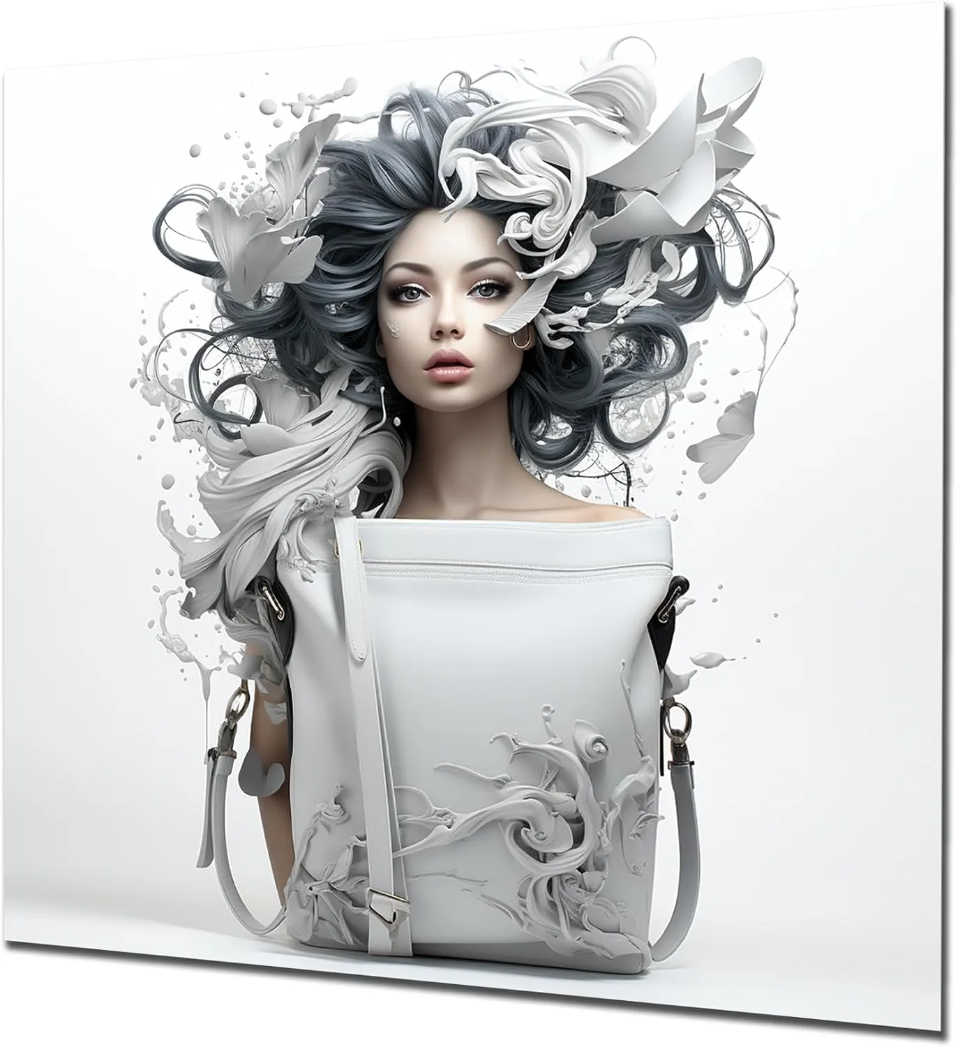 DesignQ Fusion of Woman and Handbag in Blue and White II Fashion Bag Metal Wall Art, White Metal Wall Decor, Glam Metal Art Decor For Bedroom - 29x29 Inch