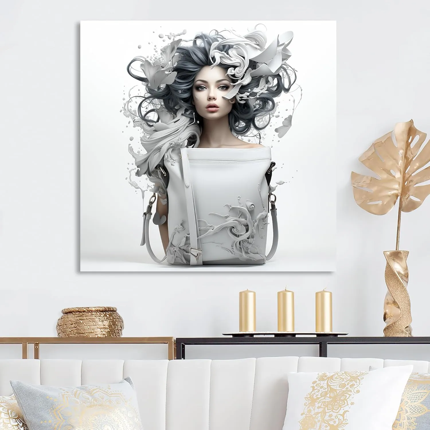 DesignQ Fusion of Woman and Handbag in Blue and White II Fashion Bag Metal Wall Art, White Metal Wall Decor, Glam Metal Art Decor For Bedroom - 29x29 Inch