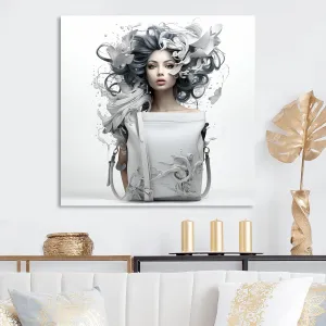 DesignQ Fusion of Woman and Handbag in Blue and White II Fashion Bag Metal Wall Art, White Metal Wall Decor, Glam Metal Art Decor For Bedroom - 29x29 Inch