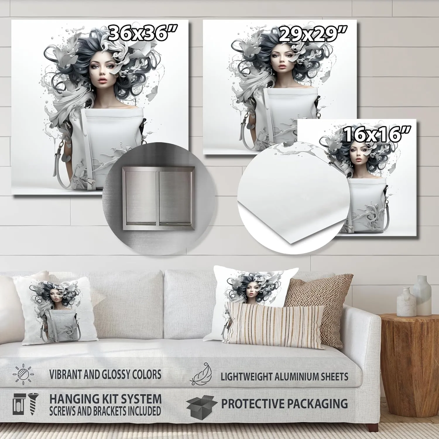 DesignQ Fusion of Woman and Handbag in Blue and White II Fashion Bag Metal Wall Art, White Metal Wall Decor, Glam Metal Art Decor For Bedroom - 29x29 Inch