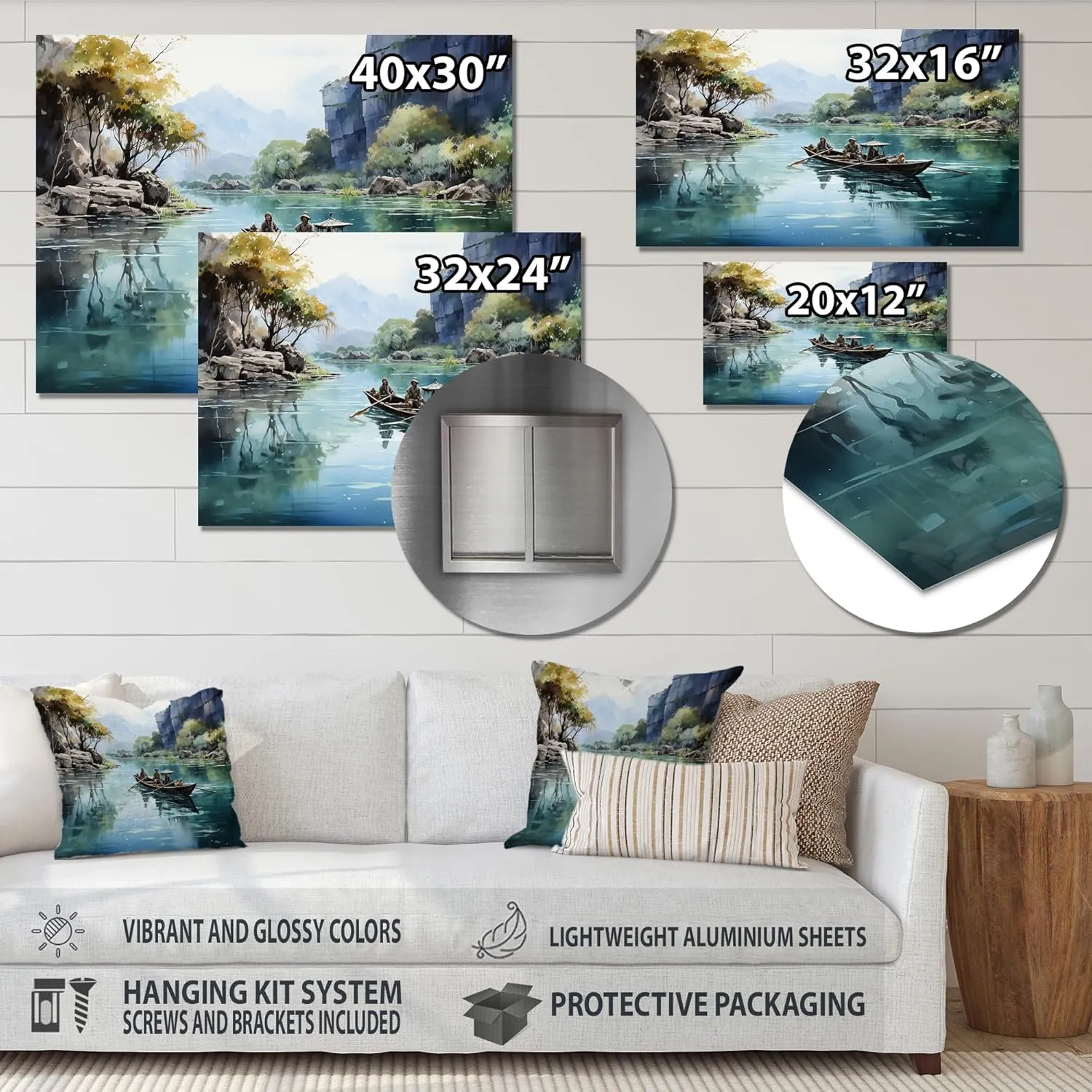DesignQ Vietnam Metal wall art, Boat Navigating Hidden Waterways in Vietnam I, Vietnam Large Metal wall art decor, Teal Traditional Metal wall art, 32x16 inches
