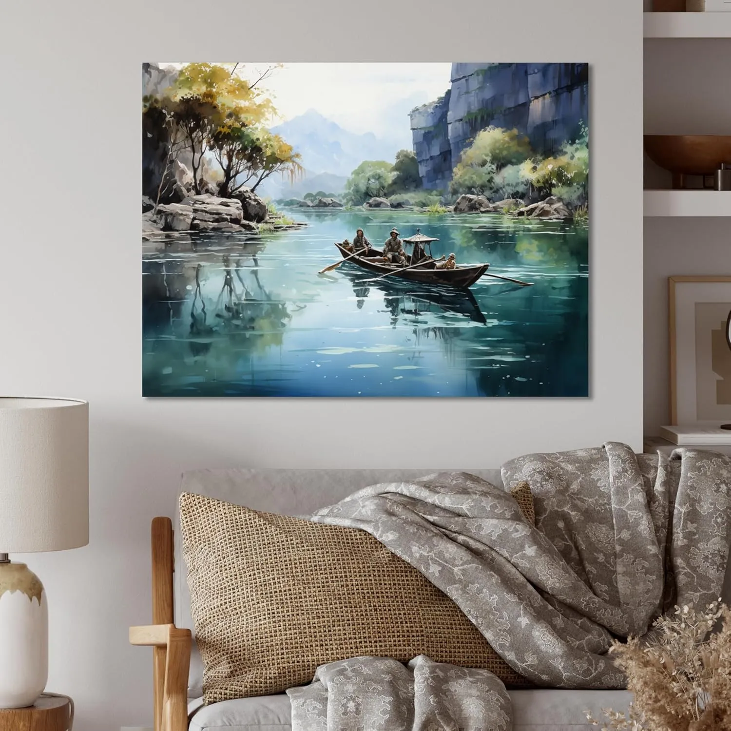 DesignQ Vietnam Metal wall art, Boat Navigating Hidden Waterways in Vietnam I, Vietnam Large Metal wall art decor, Teal Traditional Metal wall art, 32x16 inches