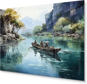 DesignQ Vietnam Metal wall art, Boat Navigating Hidden Waterways in Vietnam I, Vietnam Large Metal wall art decor, Teal Traditional Metal wall art, 32x16 inches