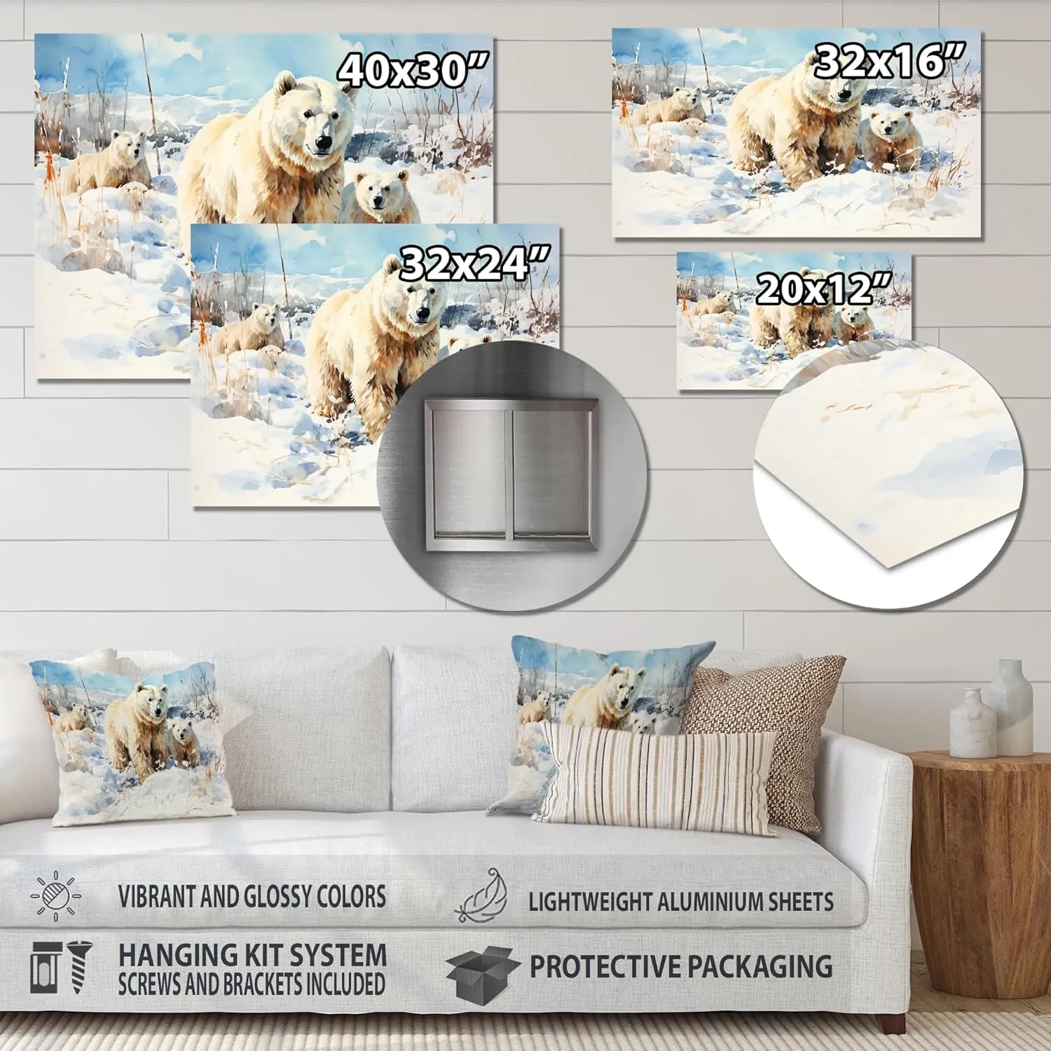 DesignQ Winter Scenery Polar Bears in Snow II Bear Metal Wall Art, White Metal Wall Decor, Modern Metal Art Decor For Bedroom - 20x12 Inch
