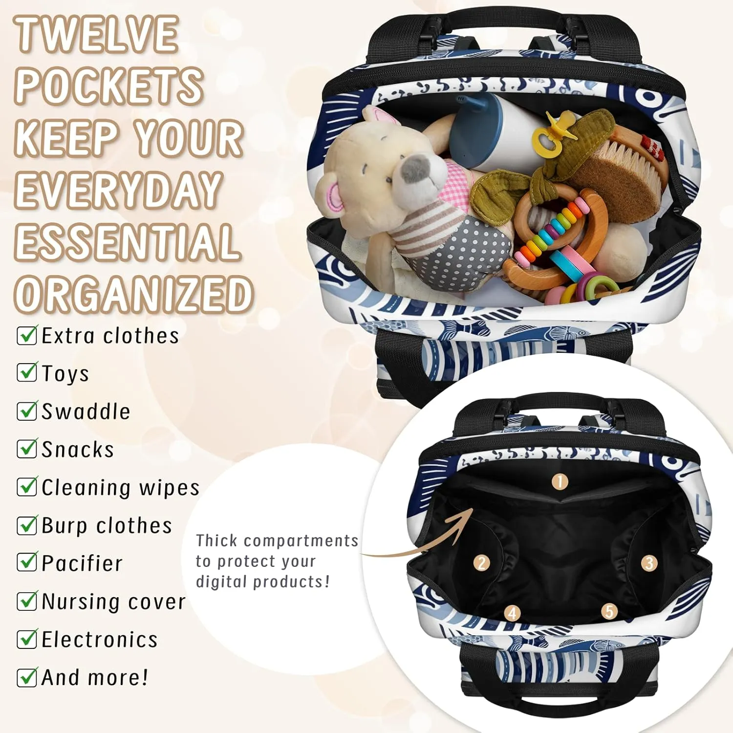 Diaper Bag Backpack Large Capacity, Blue Ocean Fishes Pattern Nappy Hand Shoulder Bag Mummy Travel Nursing Bags Baby Shower Gifts, with Insulated Pockets and USB Charging Port