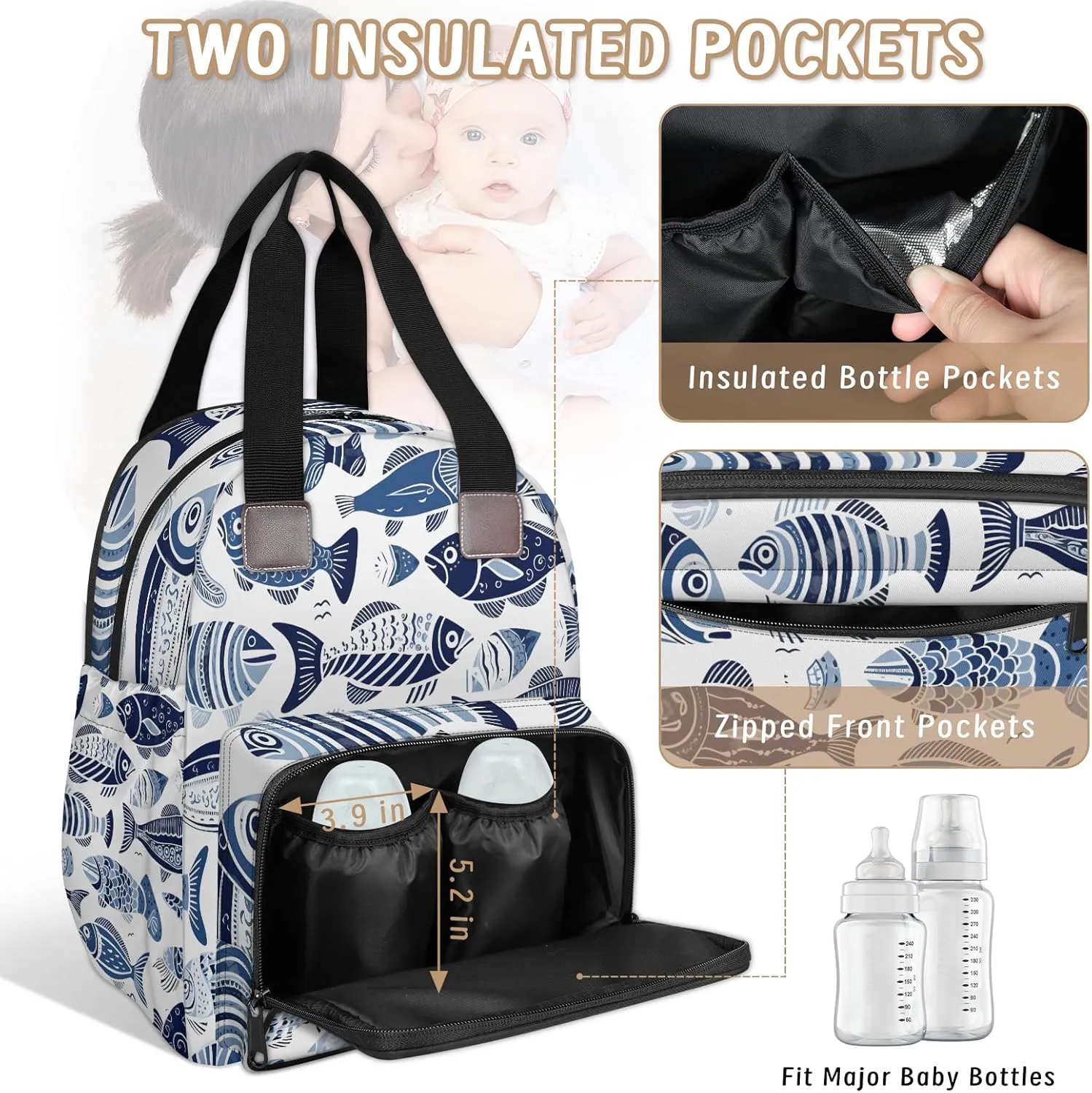 Diaper Bag Backpack Large Capacity, Blue Ocean Fishes Pattern Nappy Hand Shoulder Bag Mummy Travel Nursing Bags Baby Shower Gifts, with Insulated Pockets and USB Charging Port