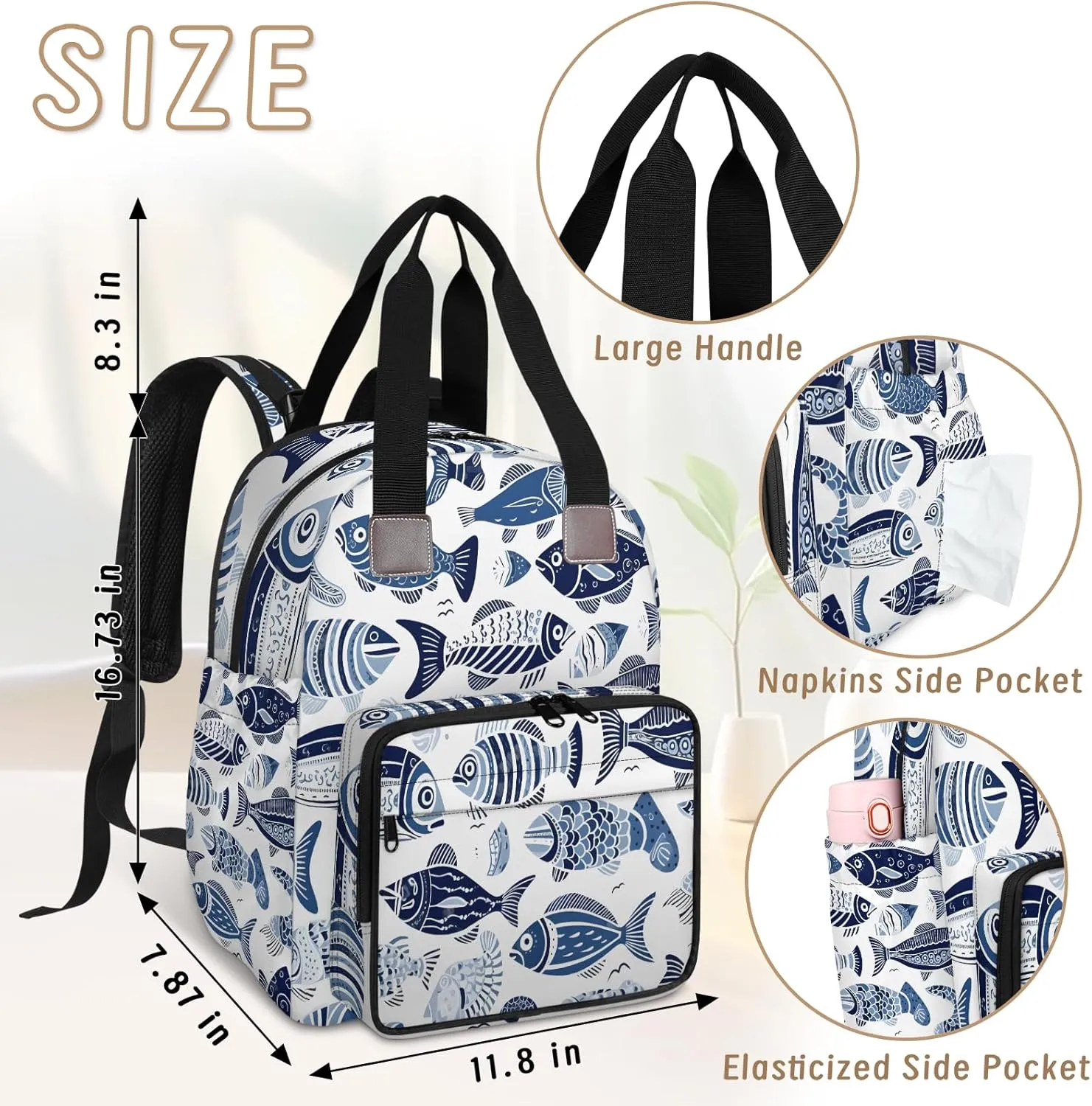 Diaper Bag Backpack Large Capacity, Blue Ocean Fishes Pattern Nappy Hand Shoulder Bag Mummy Travel Nursing Bags Baby Shower Gifts, with Insulated Pockets and USB Charging Port