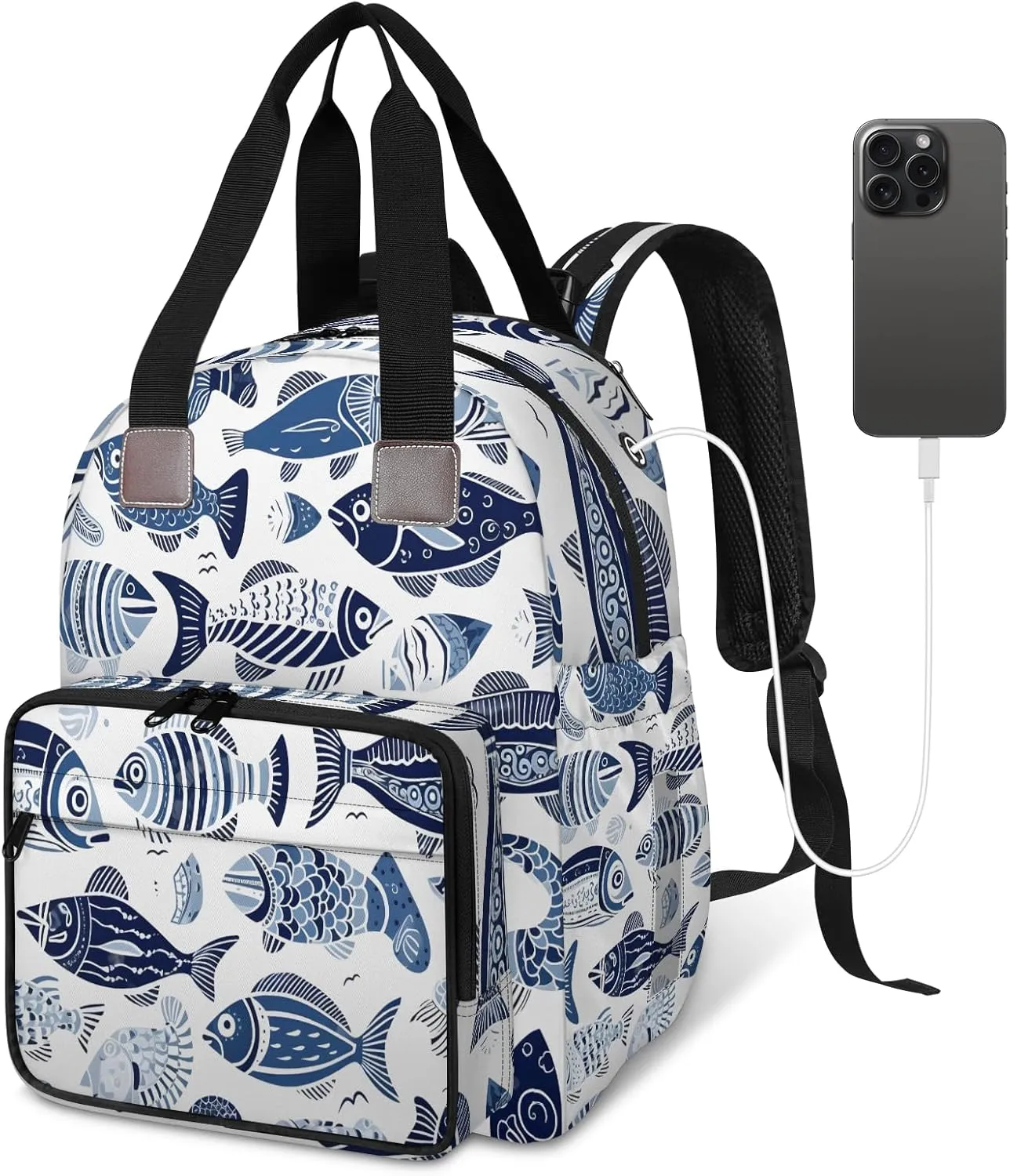 Diaper Bag Backpack Large Capacity, Blue Ocean Fishes Pattern Nappy Hand Shoulder Bag Mummy Travel Nursing Bags Baby Shower Gifts, with Insulated Pockets and USB Charging Port