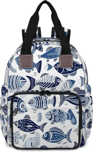 Diaper Bag Backpack Large Capacity, Blue Ocean Fishes Pattern Nappy Hand Shoulder Bag Mummy Travel Nursing Bags Baby Shower Gifts, with Insulated Pockets and USB Charging Port