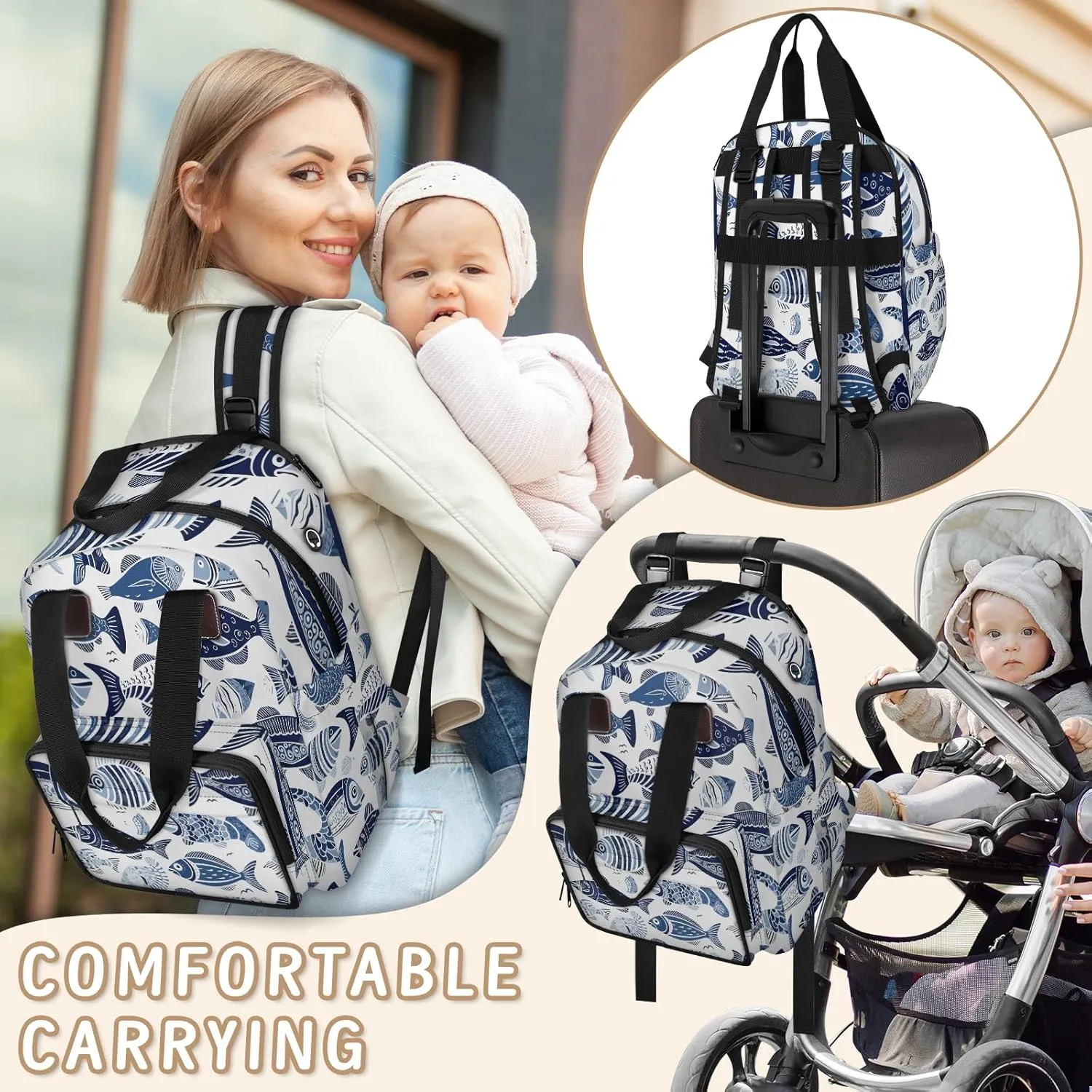 Diaper Bag Backpack Large Capacity, Blue Ocean Fishes Pattern Nappy Hand Shoulder Bag Mummy Travel Nursing Bags Baby Shower Gifts, with Insulated Pockets and USB Charging Port