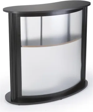 Displays2go Portable Trade Show Display Counter with Shelf, Curved Countertop, Includes Carrying Bag – Black (PWDMGB)