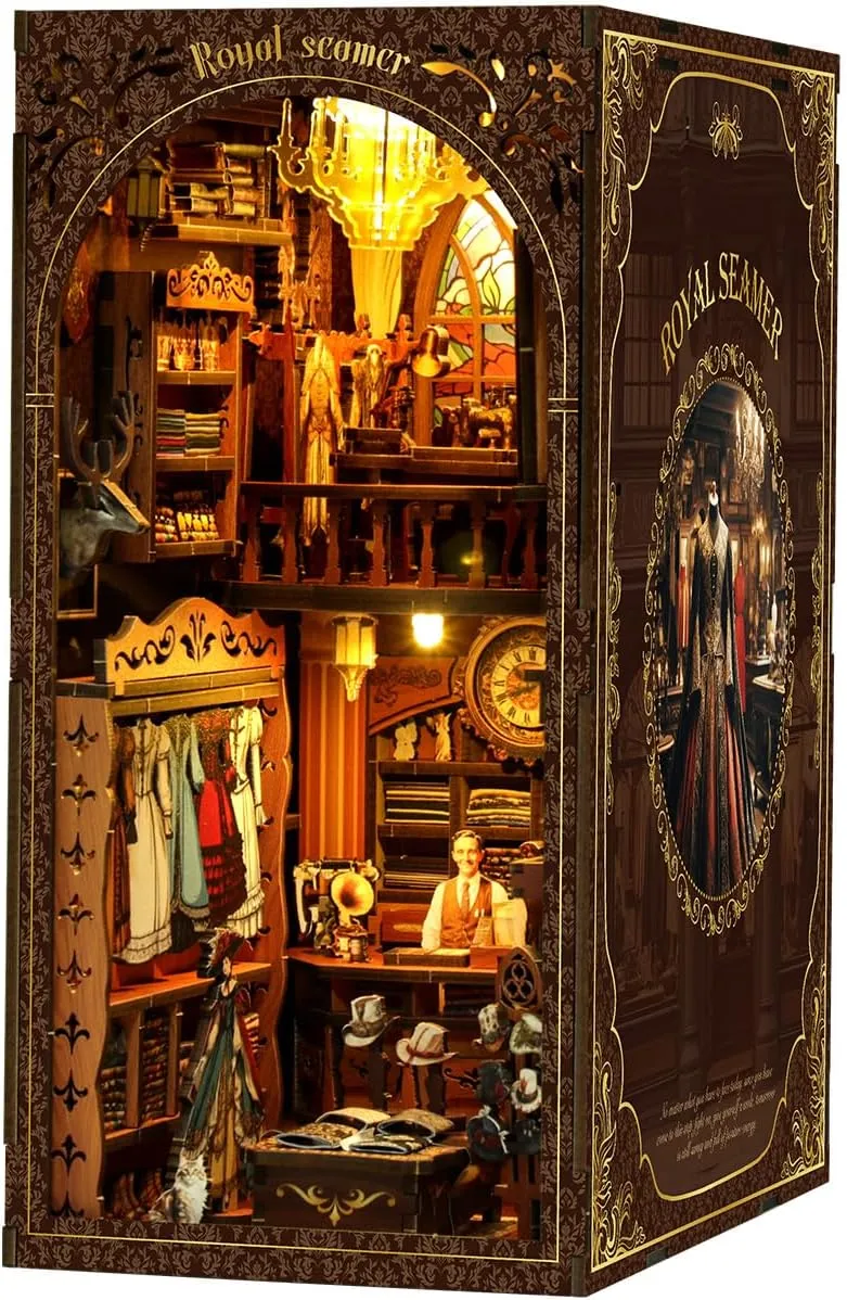 DIY Book Nook Kit 3D Wooden Puzzles for Adults, Bookstore Miniature House Kit Book Nook Bookshelf Insert Decor with LED Lights Craft Kits