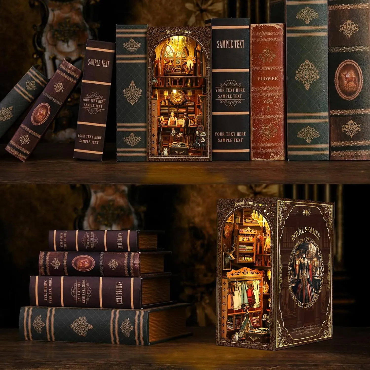 DIY Book Nook Kit 3D Wooden Puzzles for Adults, Bookstore Miniature House Kit Book Nook Bookshelf Insert Decor with LED Lights Craft Kits