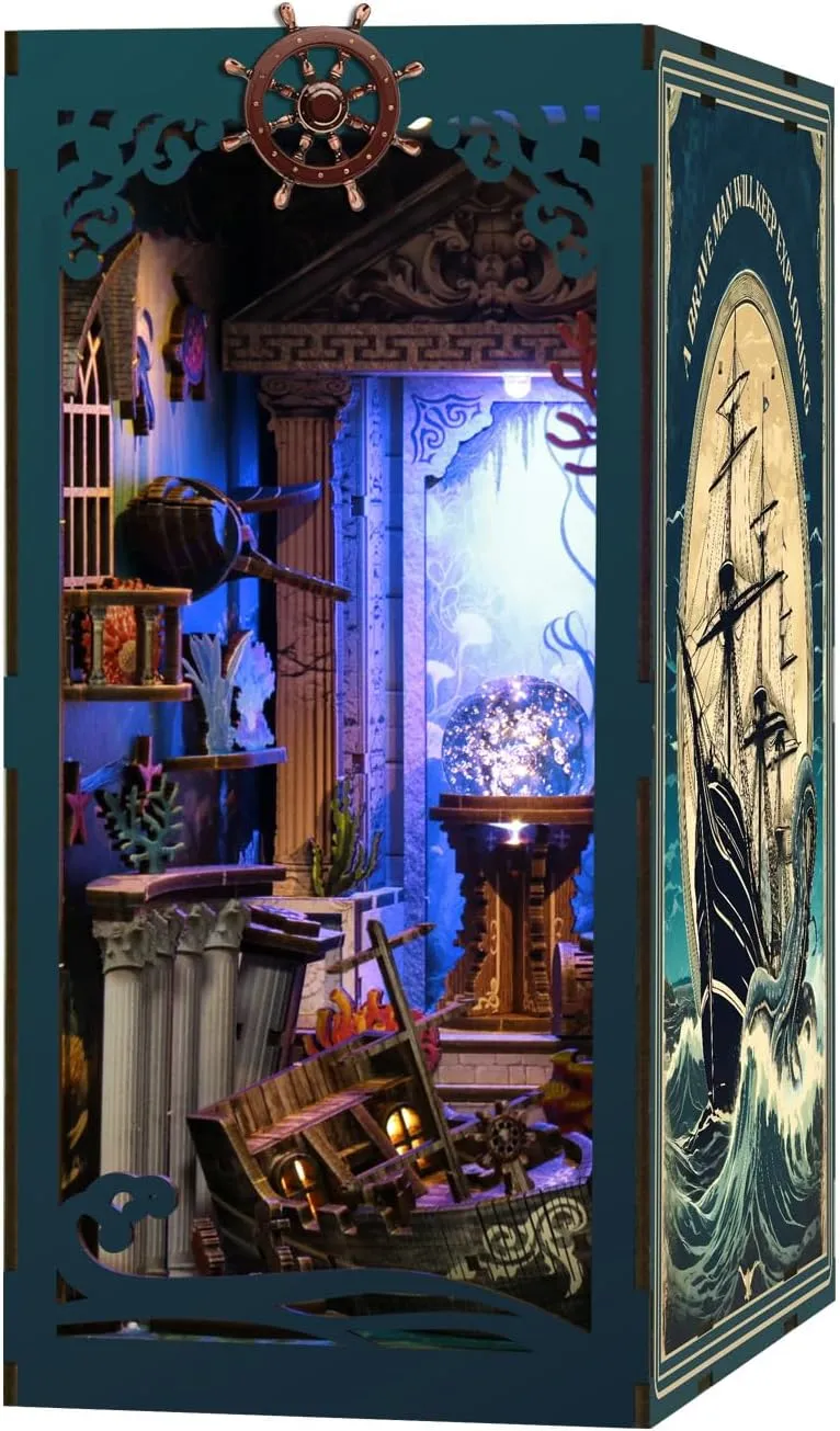DIY Book Nook Kit 3D Wooden Puzzles for Adults, Bookstore Miniature House Kit Book Nook Bookshelf Insert Decor with LED Lights Craft Kits