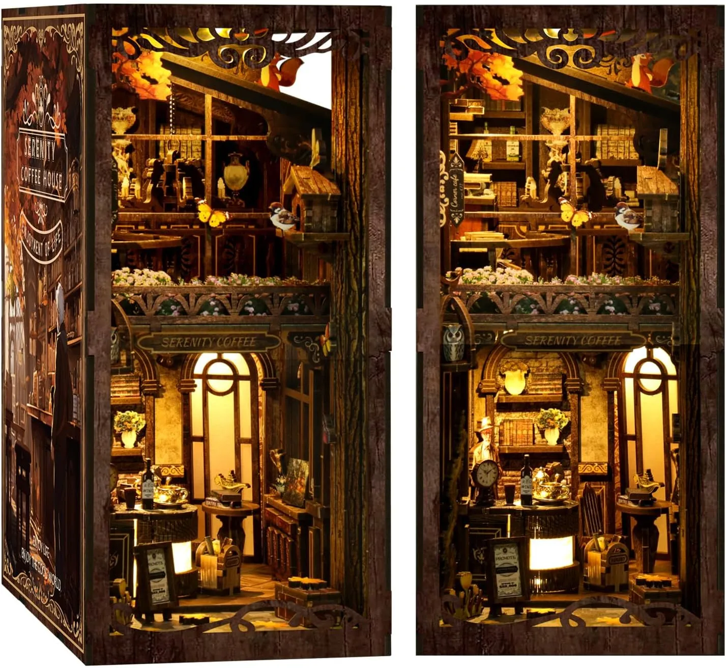 DIY Book Nook Kit 3D Wooden Puzzles for Adults, Miniature Coffee House Kit Book Nook Bookshelf Insert Decor with LED Lights Craft Kits