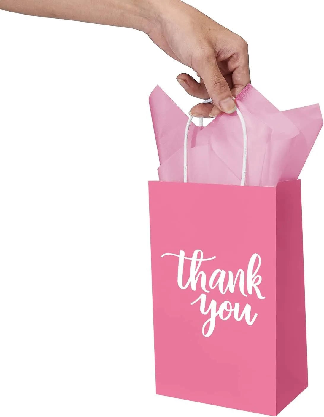 DjinnGlory 50 Pack Small Pink Thank You Paper Gift Bags with Handles 9''x5.5''x3.15'' and 50 Pink Tissue Paper for Party Favors Goodies and Small Business