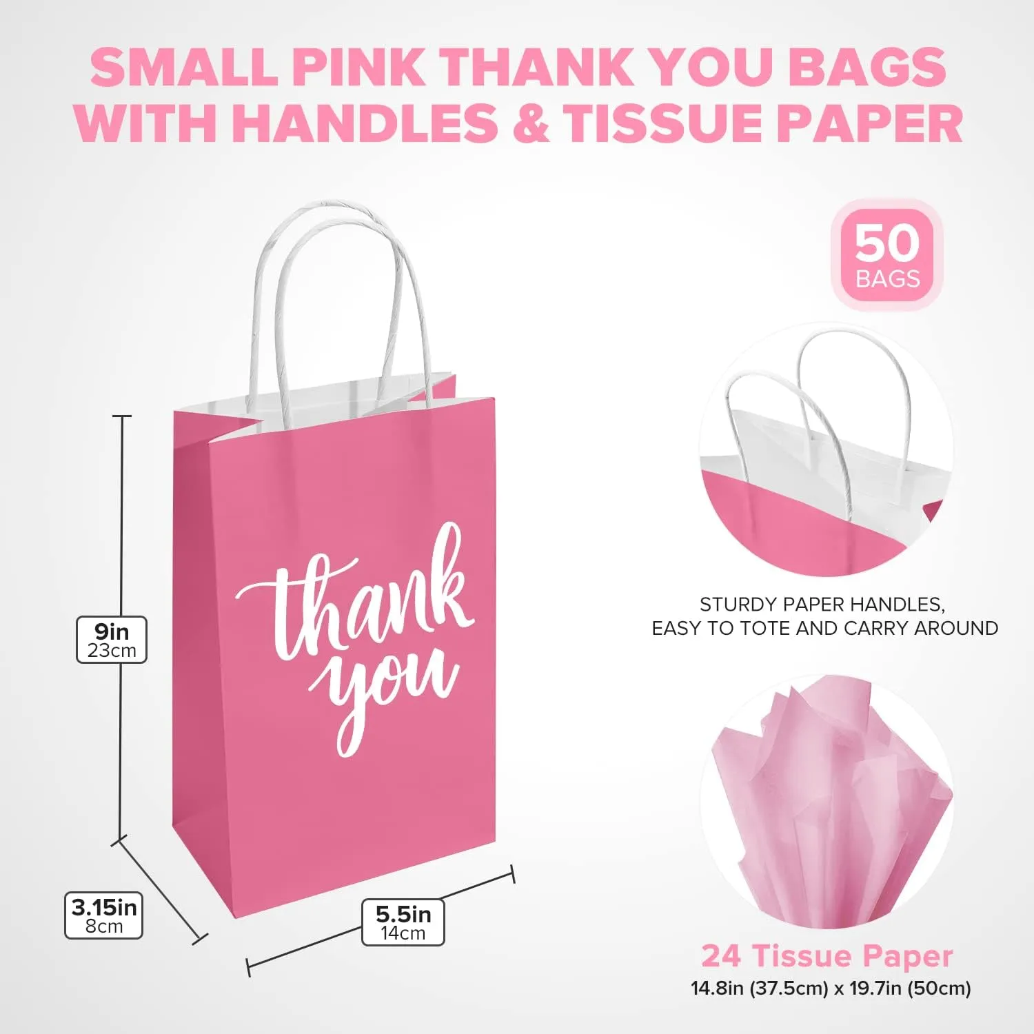 DjinnGlory 50 Pack Small Pink Thank You Paper Gift Bags with Handles 9''x5.5''x3.15'' and 50 Pink Tissue Paper for Party Favors Goodies and Small Business