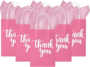 DjinnGlory 50 Pack Small Pink Thank You Paper Gift Bags with Handles 9''x5.5''x3.15'' and 50 Pink Tissue Paper for Party Favors Goodies and Small Business