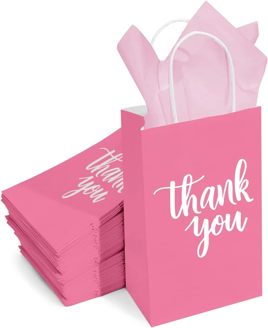 DjinnGlory 50 Pack Small Pink Thank You Paper Gift Bags with Handles 9''x5.5''x3.15'' and 50 Pink Tissue Paper for Party Favors Goodies and Small Business