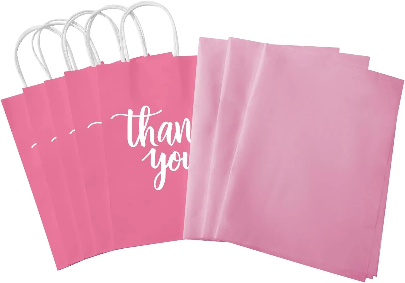 DjinnGlory 50 Pack Small Pink Thank You Paper Gift Bags with Handles 9''x5.5''x3.15'' and 50 Pink Tissue Paper for Party Favors Goodies and Small Business