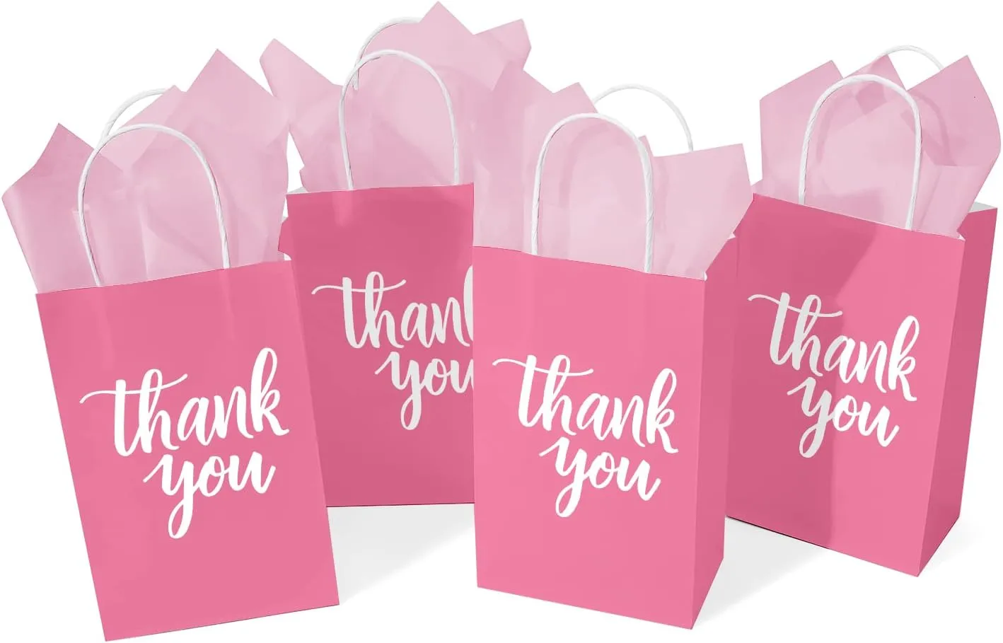 DjinnGlory 50 Pack Small Pink Thank You Paper Gift Bags with Handles 9''x5.5''x3.15'' and 50 Pink Tissue Paper for Party Favors Goodies and Small Business