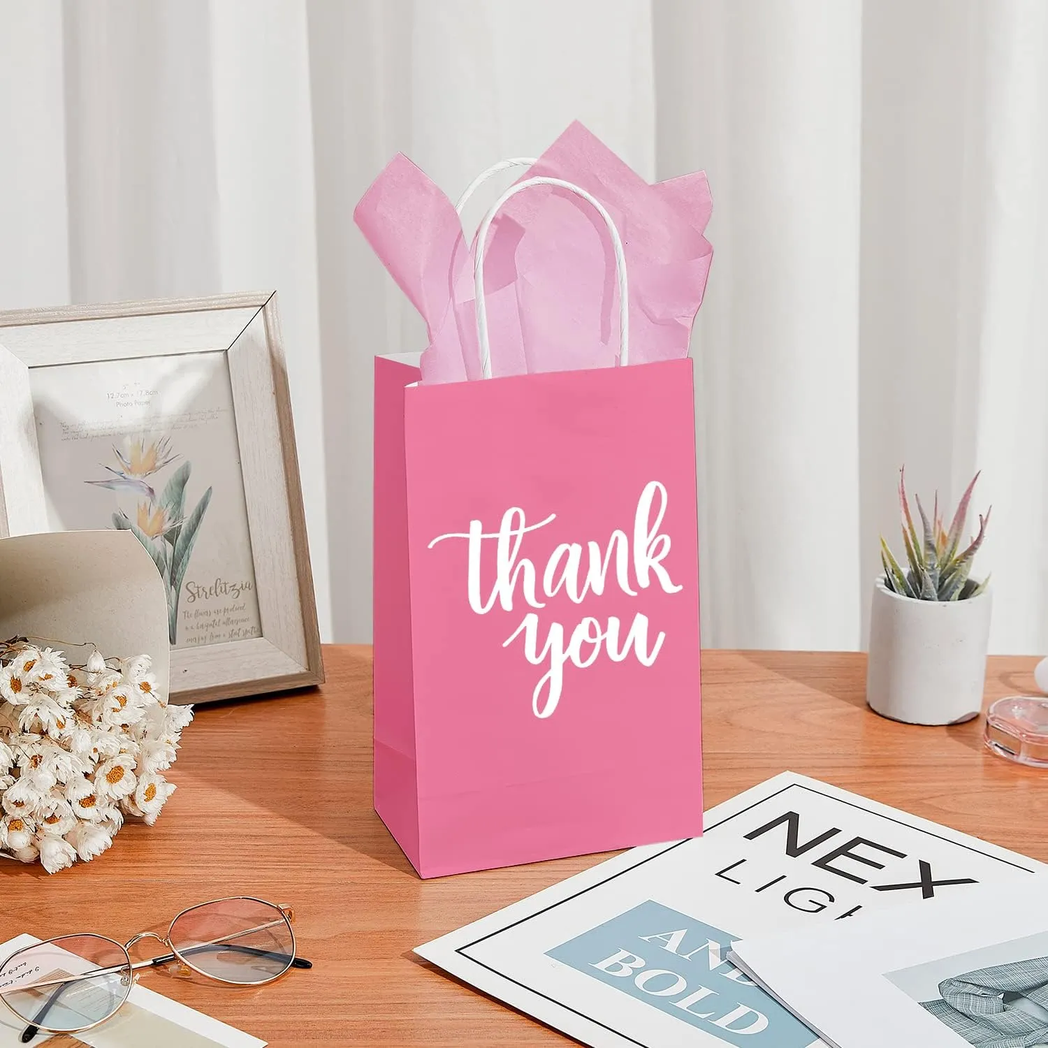 DjinnGlory 50 Pack Small Pink Thank You Paper Gift Bags with Handles 9''x5.5''x3.15'' and 50 Pink Tissue Paper for Party Favors Goodies and Small Business