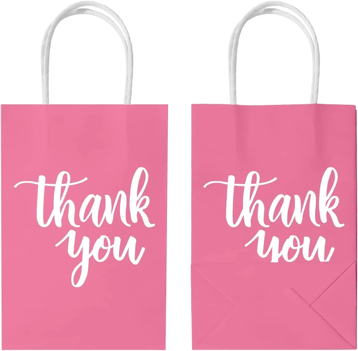 DjinnGlory 50 Pack Small Pink Thank You Paper Gift Bags with Handles 9''x5.5''x3.15'' and 50 Pink Tissue Paper for Party Favors Goodies and Small Business