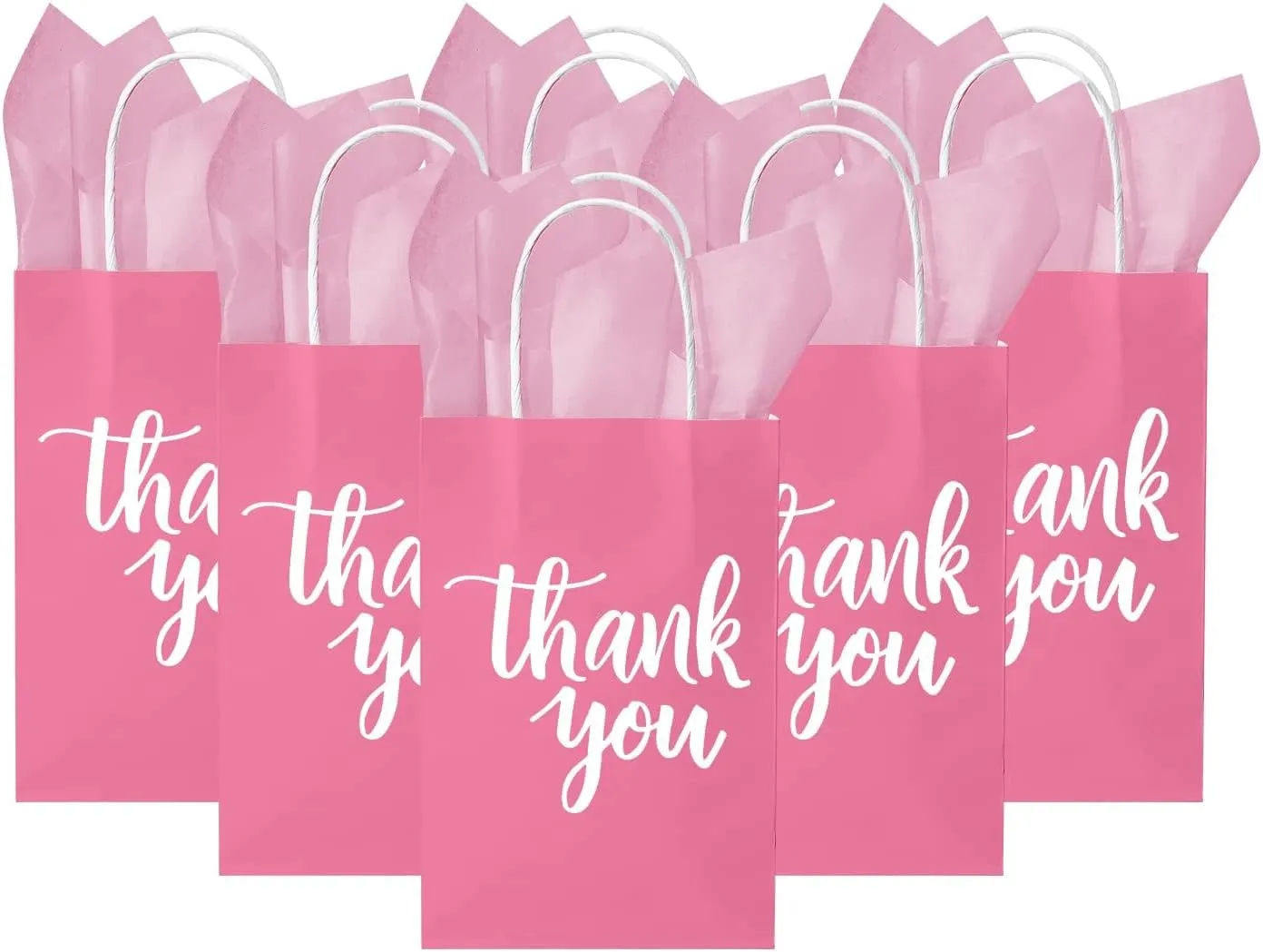 DjinnGlory 50 Pack Small Pink Thank You Paper Gift Bags with Handles 9''x5.5''x3.15'' and 50 Pink Tissue Paper for Party Favors Goodies and Small Business