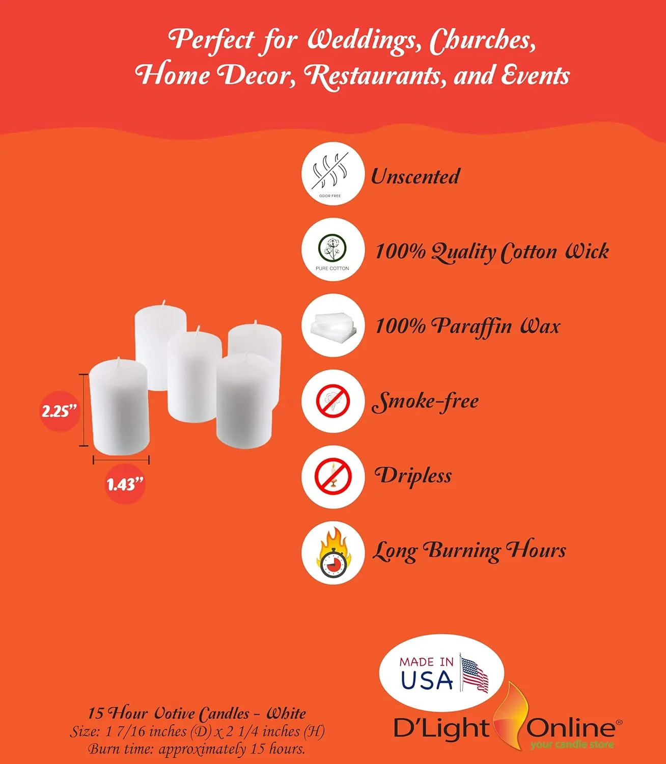D'light Online 15 Hour Unscented White Emergency and Events Bulk Votive Candles for Wedding Votives, Luminary Candles, Restaurants, Churches, Bars, Parties, Spa and Decor (Set of 36 - White, 15 Hour)